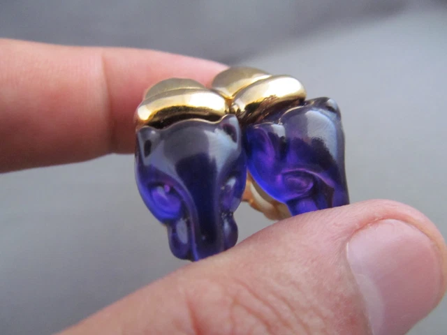 Vintage Gold Tone Blue Lucite Panther Head Clipback Huggie Earrings