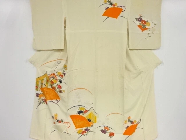 41478# Japanese Kimono / Antique Kimono / Embroidery / Maple Leaves & Peony