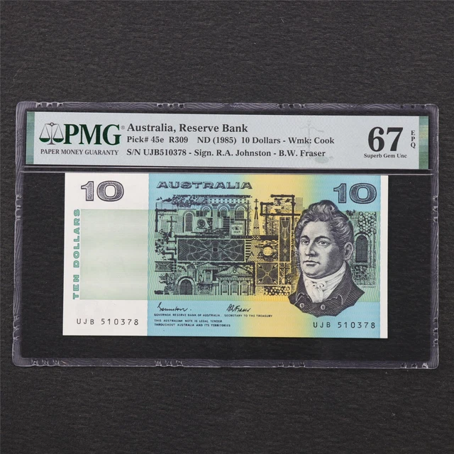 1985 Australia Reserve Bank 10 Dollars Pick#45e PMG 67 EPQ Superb Gem UNC 1985 Australia Reserve Bank 10 Dollars Pick#45e PMG 67 EPQ Superb Gem UNC