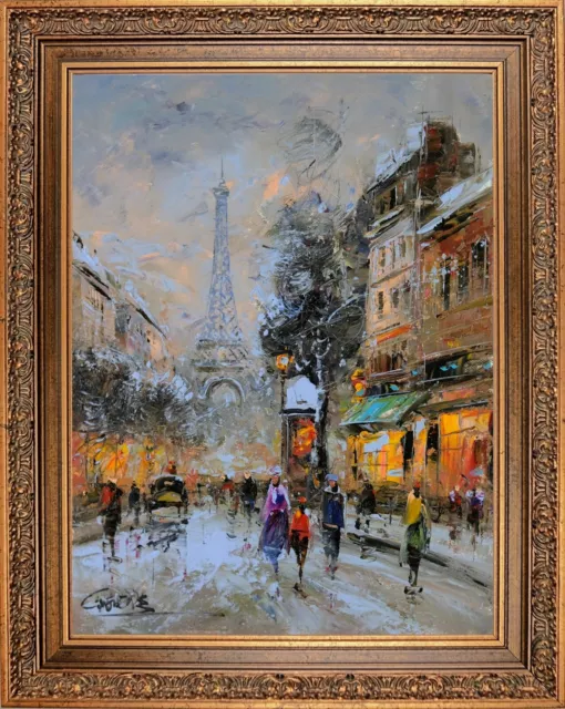 Framed Cityscape Painting, Sun Set Eiffel Tower Paris City, Signed by C Vevers