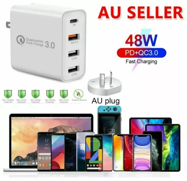 48W 4 Multi-Port Fast PD Quick Charge QC 3.0 USB Type C Hub Wall Charger Adapter