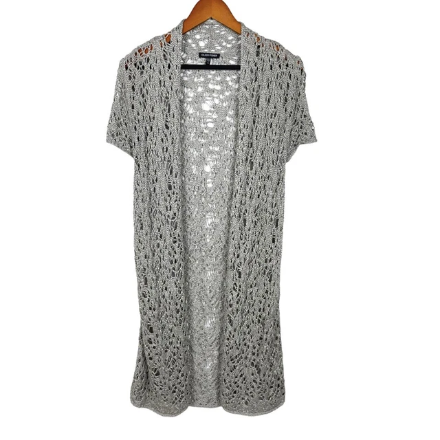 Eileen Fisher Kimono Cardigan Open Knit Gray Medium Linen Blend Duster
