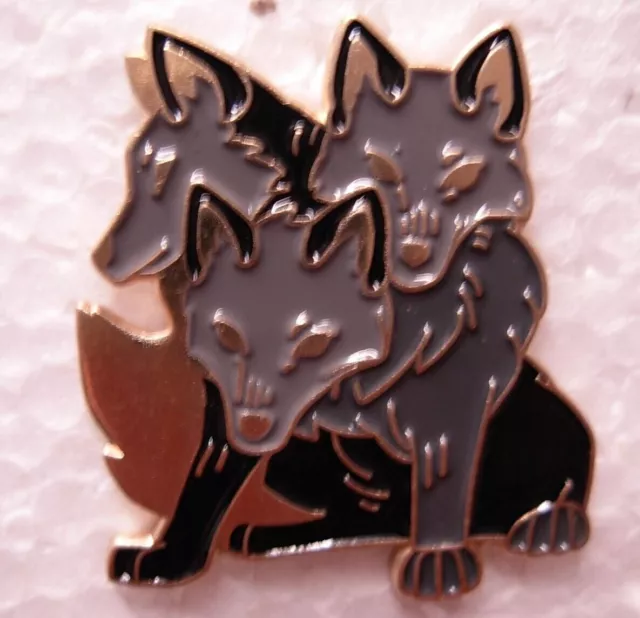 Cerebus. Three headed Wolf pin badge. Wolves. Mythical. Metal Enamel