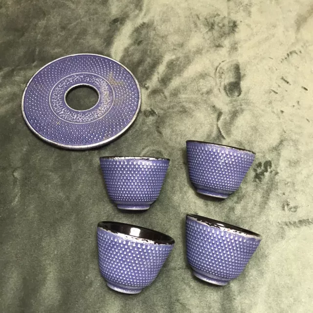 Oriental style cast iron blue & silver tea cups and stand for the pot