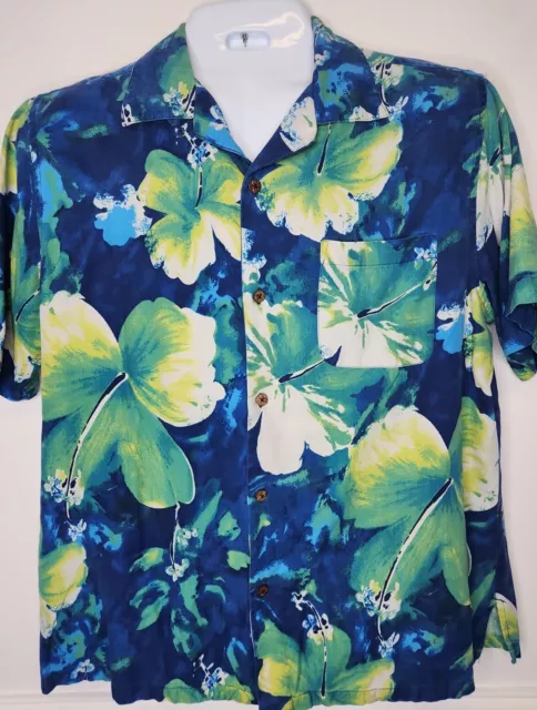 Island Republic Mens L 100% Silk Aloha Hawaiian Tropical Shirt Blue Colorful S/S