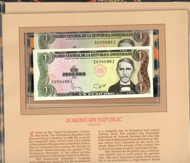 Most Treasured Banknotes Dominican Rep. 1980 1 Peso P117a UNC 2 consecutive #