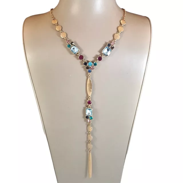 Anthropologie Gold Tone Multi Color Crystal  Jeweled Y Necklace Nwt