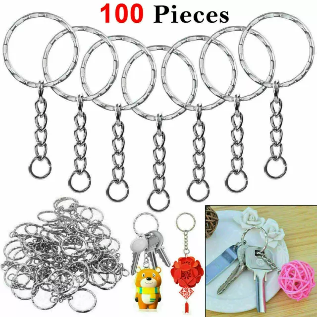 100Pcs Silver Keyring Blanks Tone Key Chains Key Split Rings 4 Link Chain 55Mm