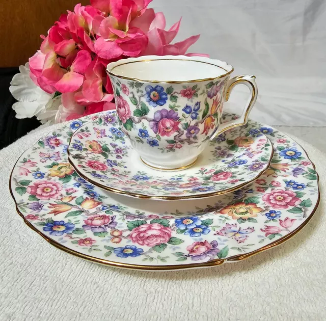 VTG Crown Staffordshire Bone China Floral Chintz Trio Cup, Saucer Luncheon Plate