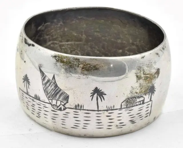 Antique unmarked Guaranteed solid silver Desert Scene Niello Enamel Napkin Ring