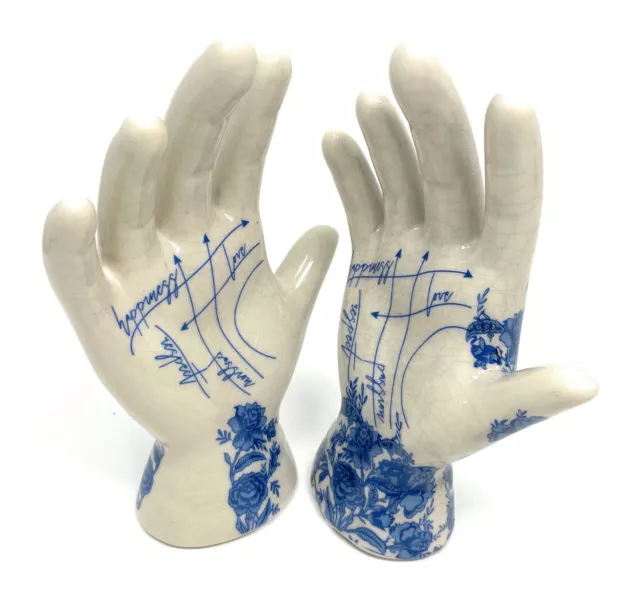 Temerity Pair of Porcelain Tattoo Palmistry Hands Map of the Hand Blue & White