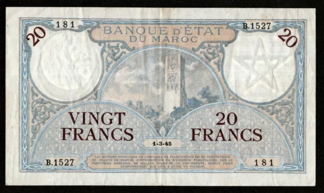 MOROCCO 20 FRANCS BANKNOTE 1945 - Banque D’ Etat Du Maroc - VERY FINE