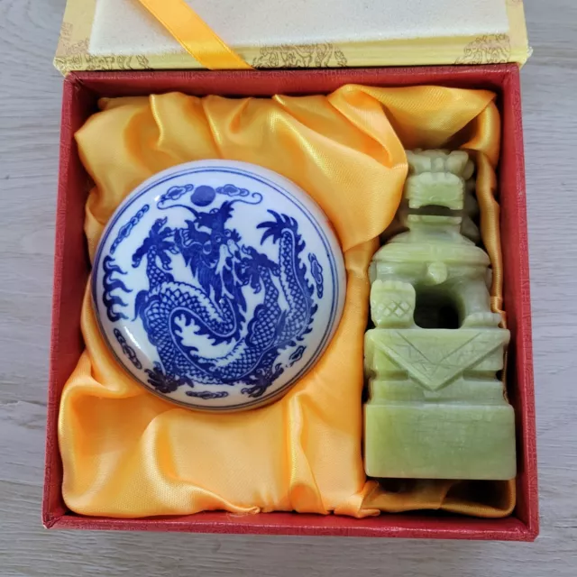 Vintage Chinese Carved Jade Imperial Lion Fu Foo Dog Stamp W/Ink Pot, Open Box