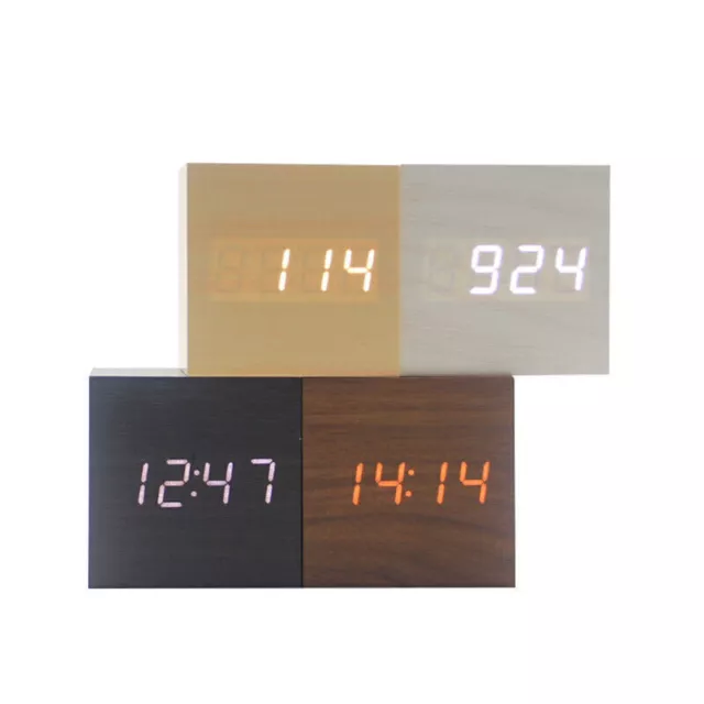 New Digital Wooden LED Alarm Clock Desktop Table Decor Thermometer Voice Control 2