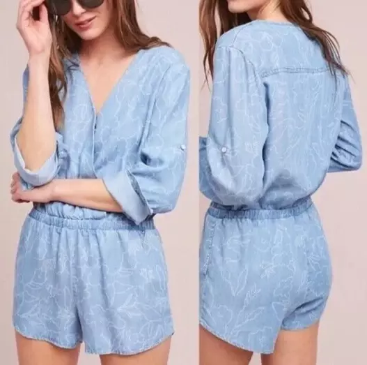 CLOTH & STONE Surplice Romper Jumpsuit Size Medium Blue Floral Chambray ...