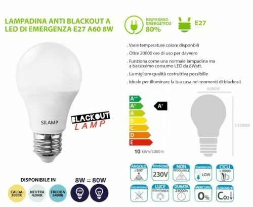 Lampada Lampadine Led E27 D'Emergenza Ricaricabile Anti BlackOut 8W Vari Toni