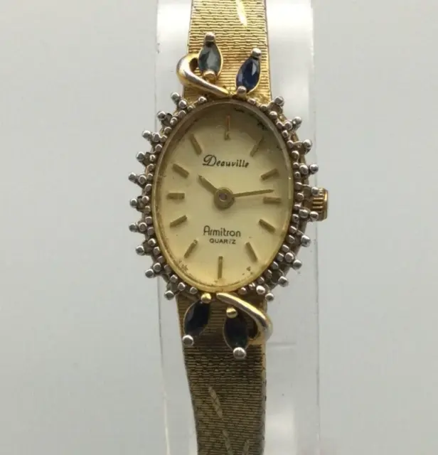 Deauville Armitron Diamond Watch Women 17mm Gold Tone Blue StoneNew Battery 7"