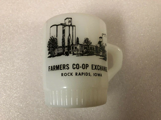 Vintage FIRE KING MUG Farmers Co-op Rock Rapids Iowa coffee mug cup detail scene