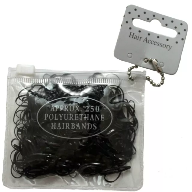 250 mini élastiques à cheveux noires polyuréthane 1cm - sachet avec fermeture