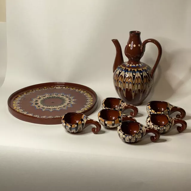 Vintage Pottery Pitcher Six Cups and Plate Made in Bulgaria Drip Glaze 1960/70s 3