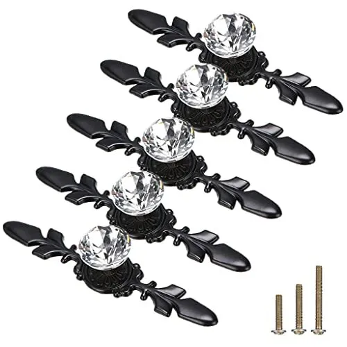5 Pack Black Diamond Clear Crystal Glass Decorative Knobs with PlateDrawer Dr...