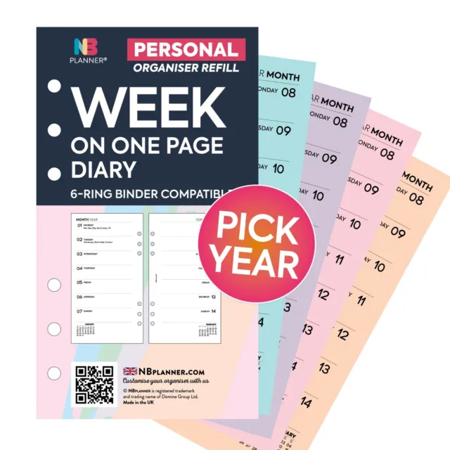 2024, 2025 or 2026 Filofax Personal COMPATIBLE Week on one page diary refill