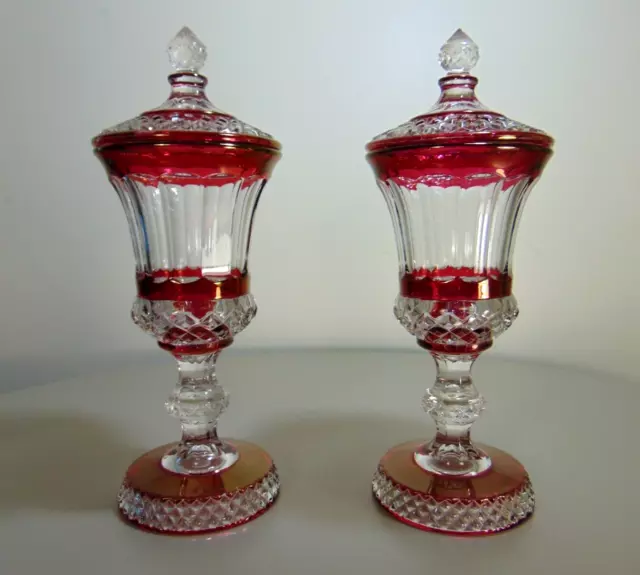 Vintage Pair of Westmoreland Ruby Flash Glass Lidded Pedestal Urns / Mantle Jars