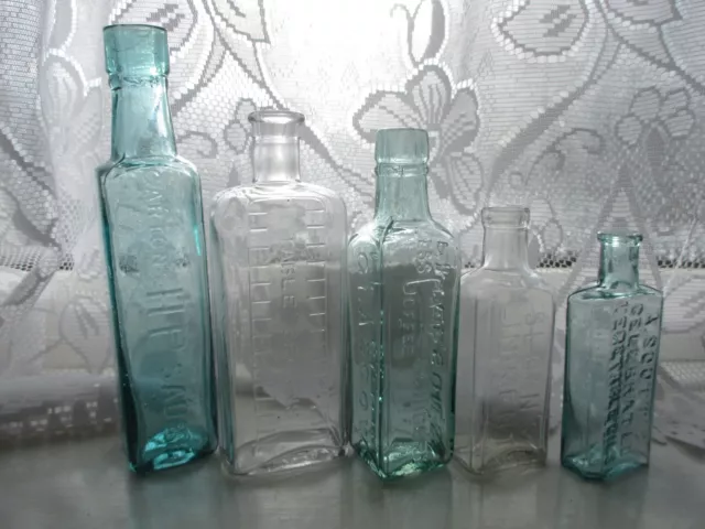 5x VINTAGE OLD ANTIQUE CHEMIST MEDICINE APOTHECARY CURE GLASS BOTTLES NOT POISON 3