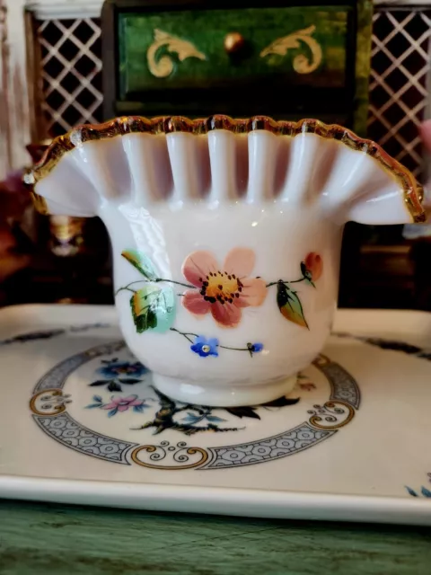 Handblown Ruffle Vase With Handpainted Enamel Flowers