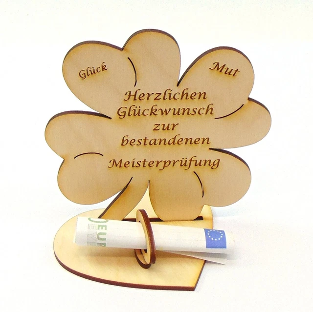 ZUR MEISTERPRÜFUNG, GELDGESCHENK Zur Prüfung Holz Kleeblatt