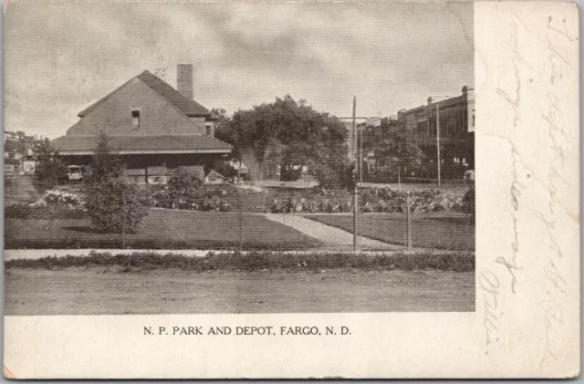 1907 FARGO North Dakota Postcard "N.P. PARK AND DEPOT" Railroad Train Station