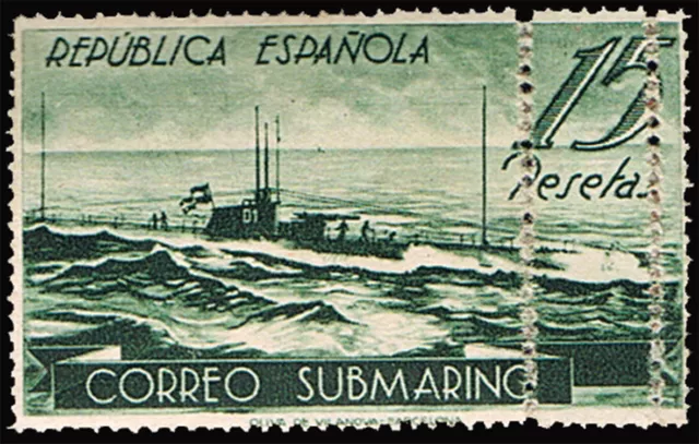 España 1938.Submarino. Edifil x 780 ddd 15 Pts.Variedad triple dentado vertical