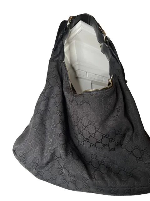 Gucci 115867 Black Canvas And Leather Monogram Medium Horsebit Hobo Bag