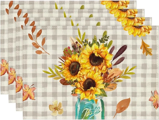 Juego de manteles de otoño jarrón girasol a cuadros de búfalo de 4, 12x18 pulgadas otoño estacional T
