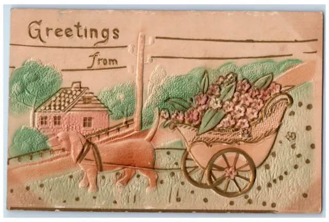 c1910's Greetings From Daschund Dog Pulling Cart Flowers Embossed Postcard