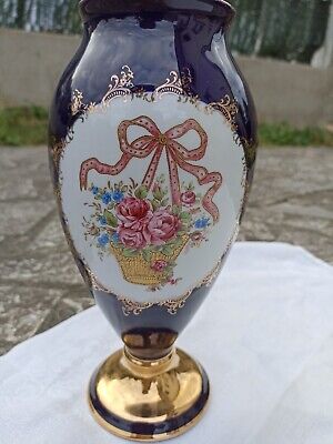 Rare Limoges Ancien vase-bleu de Four-porcelaine roses royale Castel or 22 k