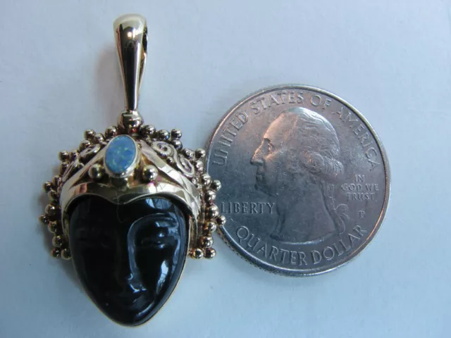 Sajen 18k Gold 1 .5" Carved Obsidian Goddess & Opal Pendant