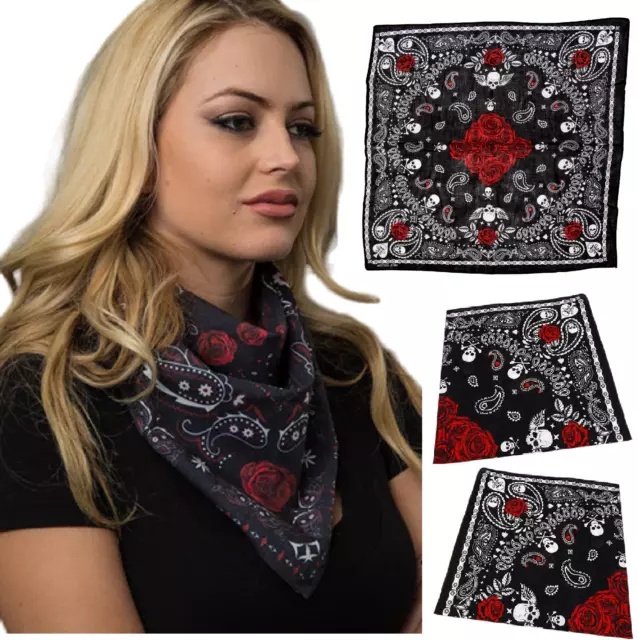 Bandana Skull Roses & Paisley Headwear Wrap Scarf Neckerchief Cotton Bandanas