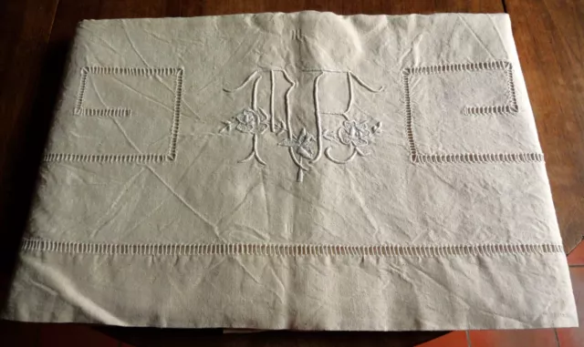 Drap ancien métis écru/coton lin brodé jour Venise/Monogramme MB fleuri 210/276