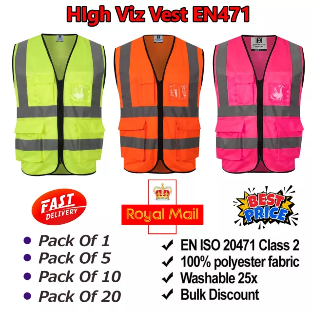 Hi Vis Viz Vest Safety Zip Executive Visibility Waistcoat Phone & Id Pocket