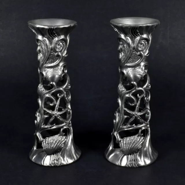 Pair of Vintage Seagull Canada Etain Zinn Ocean Motif Pewter 5½" Candlesticks