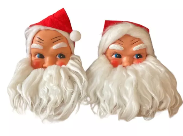 Santa Clause Doll Heads Christmas Decorations Vintage Hard Plastic X 2