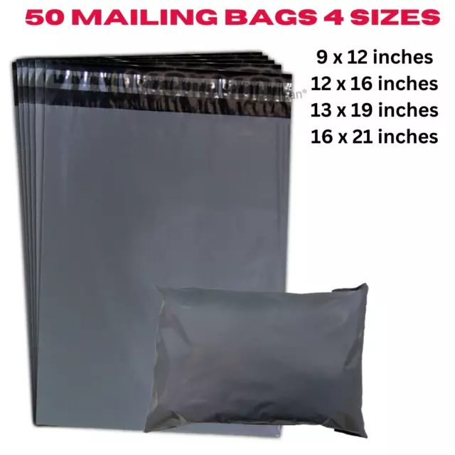 50 Mixed Mailing Plastic Bags Poly Postage Parcel Bag Grey Available  in 4 Sizes