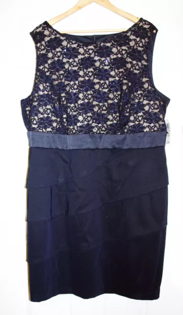 Connected Womens Plus 22W Navy Blue Chantilly Lace Sequined Layered Dress NWT