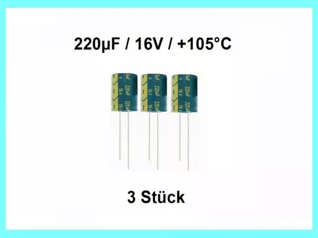 Elko - Kondens. Changxin  220µF (220uF) / 16V / +105°C / ca. 6 x 8mm / 3 Stück