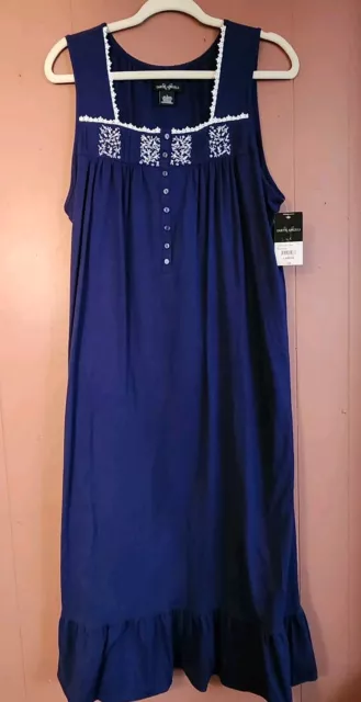 NWT Earth Angels Large Long Nightgown Navy Blue w/Embroidery and Ruffled Hem