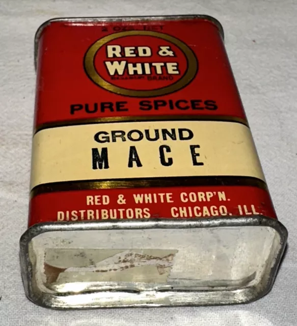 Antique Red & White Mace Spice Tin Litho Can Country Store Grocery Supermarket