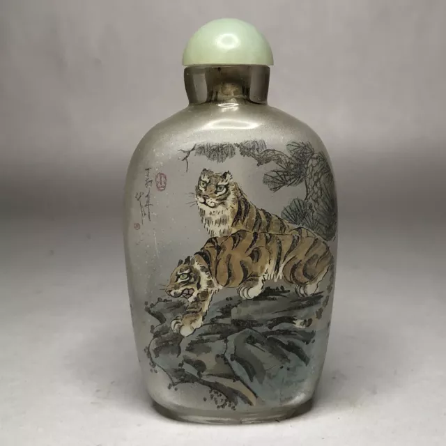 Finely Antique Interior Painted Glass Snuff Bottle, China, Crouching Tigers