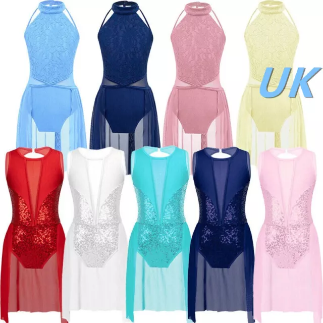 UK Girls Lyrical Dance Dress Sleeveless Leotard Dress Contemporary Dancewear