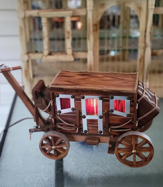 Vtg Tramp Folk Art Covered Conestoga Wagon TV Lamp Light Western Cowboy Circle H